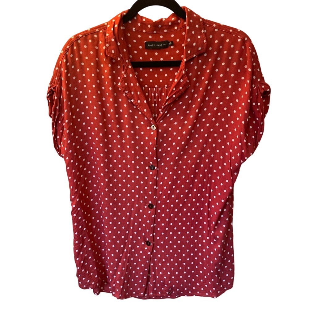 Silver Jeans Co. Red Polka Dot Button Down Short Sleeve Blouse Top L